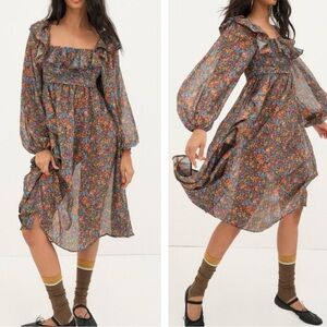 NWT For Love & Lemons Billowy Ruffle Brittany Ditsy Floral Midi Dress Small